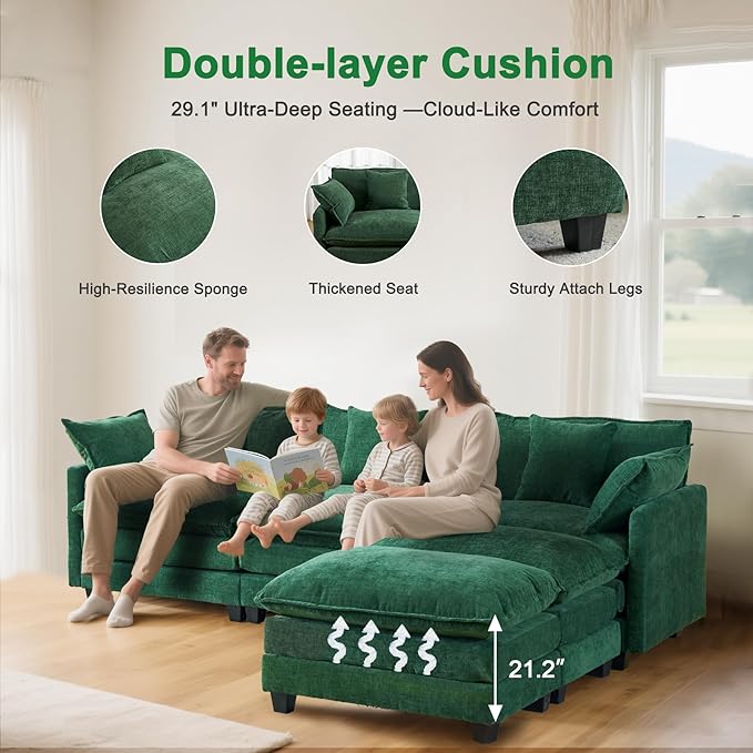 111.4" U Shaped Cloud Couch Sectional with 2 Ottoman｜Modular Chenille Sofa with 29.1" Deep Seat｜FSC Solid Wood Frame｜Easy Assembly & 1YR Guarantee｜for Living Room Bedroom Apartment