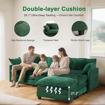 111.4" U Shaped Cloud Couch Sectional with 2 Ottoman｜Modular Chenille Sofa with 29.1" Deep Seat｜FSC Solid Wood Frame｜Easy Assembly & 1YR Guarantee｜for Living Room Bedroom Apartment