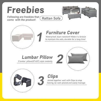 4 Piece Wicker Patio Furniture Sets Outdoor Conversation Set PE Rattan Sectional Sofa Couch with Storage Table and Grey Cushions