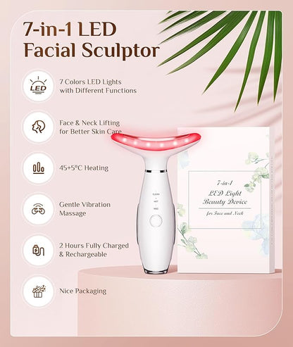 7 Color Galvanic Machines - Red Light Therapy for Face and Neck, Face Massager Tool for Wrinkles, Double Chin, Vibrating Facial Massager with Thermals, White