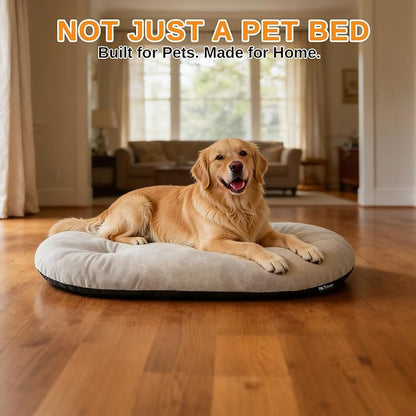 Washable Oval Dog Bedfor Medium Dogs,Silver-Tipped High-Resilience,Beige | Non-Slip Bottom Prevents Sliding, Soft Plush Short Fur, Machine Washable, Ideal for Crates/Apartments/Cozy Nooks,29"x18"x2.8"