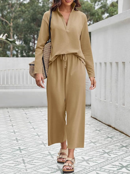 Imily Bela Womens 2 Piece Outfits Sweatsuit Long Sleeve Lapel V Neck Shirt and Wide Leg Pants 2025 Fall Trendy Tracksuit