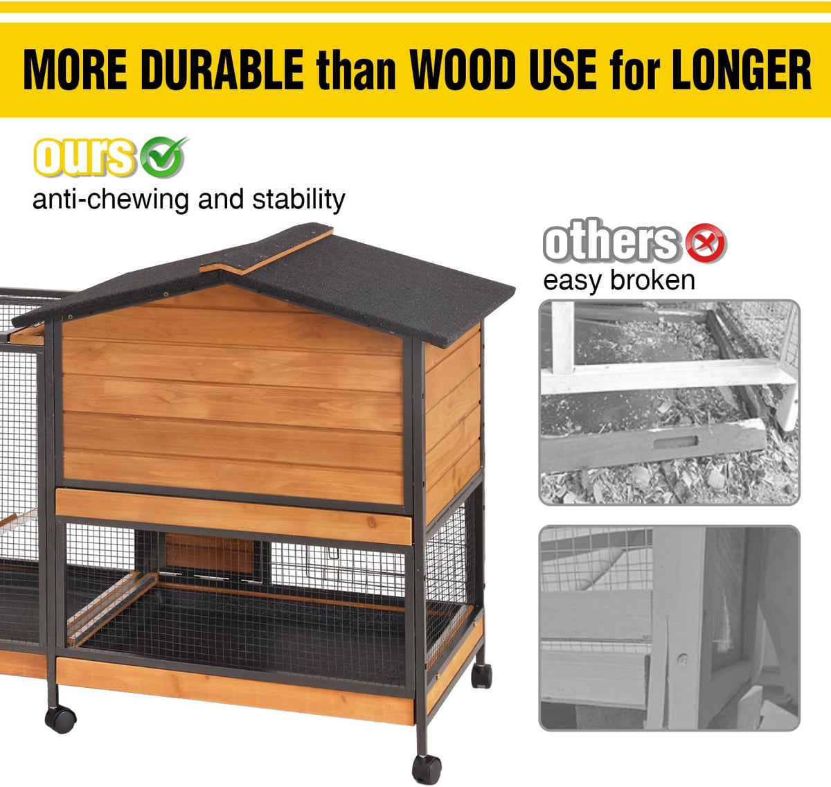 AIVITUVIN Rabbit Hutch Indoor with Metal Frame Rabbit Cage with Pull Out Tray No Leakage Bunny Cage with Wheel Guinea Pig Cage