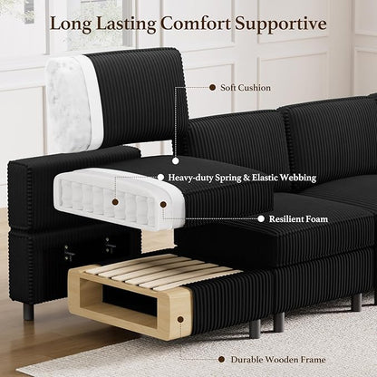 114.2" U Shaped Sectional Sofa,6 Seat Corduroy Couch,Comfy Modular Sectional Sofa with Storage Movable Ottoman Chaise,Upholstered Sectional Couches for Living Room,Black