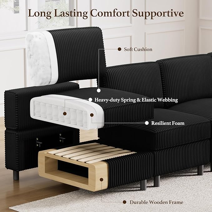 114.2" 8 Seat Modular Sectional Sofa with Deep Storage Seat, Comfy Corduroy Sectional Couch Convertible Modular Sleeper Sofa Couch with Movable Ottoman Chaise, Black
