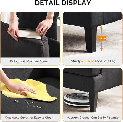 VINGLI Linen Fabric Accent Chair Black, Modern Upholstered Armchair, Comfy Sofa Chair Living Room Bedroom Furniture for Apartment