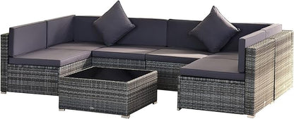 Outsunny 7-Piece Patio Furniture Sets Outdoor Wicker Conversation Sets All Weather PE Rattan Sectional Sofa Set with Cushions & Tempered Glass Desktop, Grey