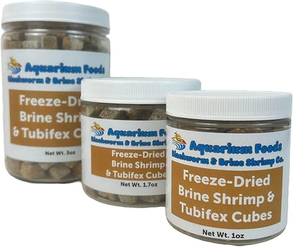 Aquatic Foods Inc. Brine Shrimp & Tubifex Worms - Freeze-Dried Brine Shrimp & Tubifex Cubes for Discus, Cichlids, Koi, Pond Fish, Aquatic Turtles, All Tropical Fish, Marine Fish..1.7oz Med Round Jar