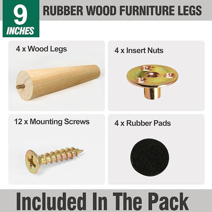 FoDau770 Rubber Wood Furniture Legs 9 Inches, Straight Tapered Wood Feet Mid Century Sofa Legs Set of 4, 5/16" UNC Furniture Feet Replacement Parts for Cabinet Couch Dresser Chair Ottoman Table