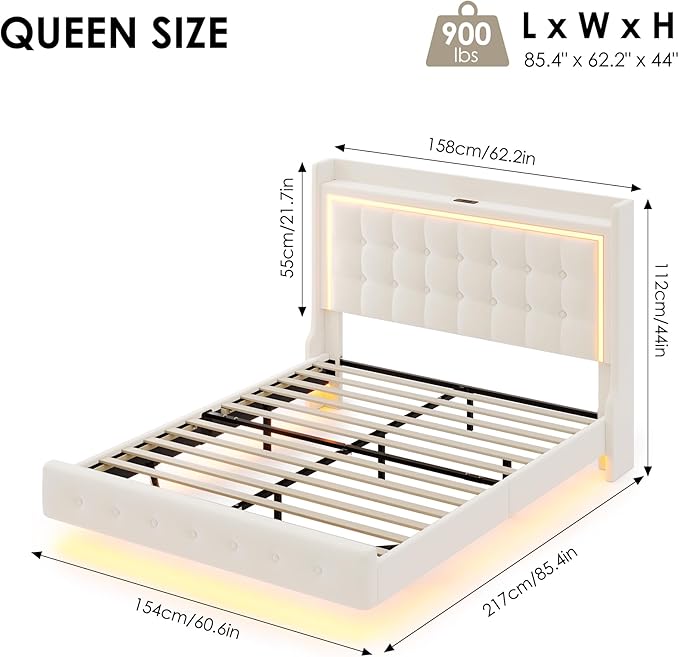 Keyluv Upholstered Queen Floating Bed Frame with RGB LED Lights and Charging Station, Velvet Platform Bed with Button Tufted Storage Headboard, Type-C & USB Charging Ports, No Box Spring Needed, Beige