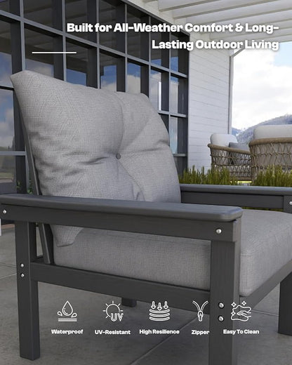 HDPE 10 Piece Outdoor Patio Furniture Set, All-Weather Outdoor Couch Bistro Set with Hick Cushions & Table, Patio Conversation Sets for Lawn, Garden, Porch, Balcony, Deck, Poolside, Grey