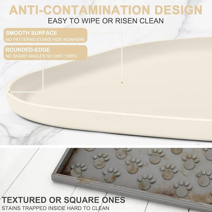 SMILOOL Waterproof Silicone Pet Food Mat with Raised Edge for Dog & Cat | 19" x 12" Non-Slip Pet Feeding Mats with Lip for Food & Water Bowl, Food Grade, Easy Cleaning, White Sand