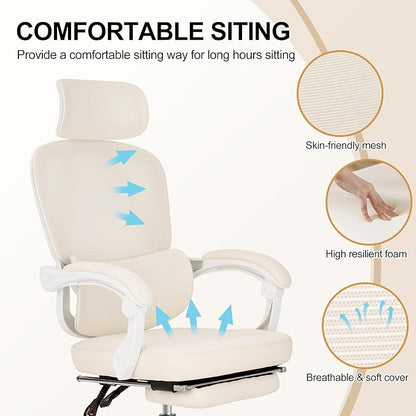BOWTHY Mesh Ergonomic Office Chair with Footrest,90-135 Comfy Reclining Chairs,Home Office Desk Chair with Adjustable Lumbar Support & Headrest, High Back Computer Chair (Beige)