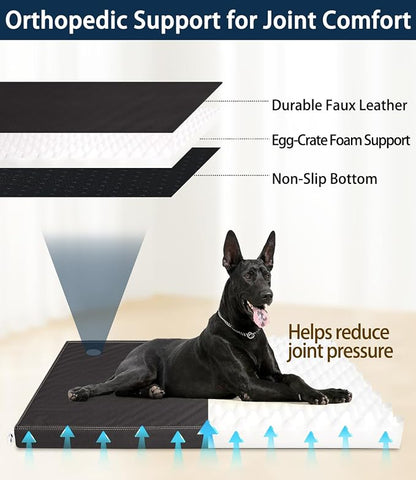 Waterproof Leather Dog Bed, Hair Resistant Crate Mat for Large Dogs, Wipeable Easy to Clean Pet Pad, Durable Black Mattress for Pets Up to 90 lbs