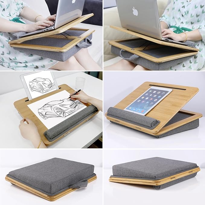 SUMISKY Adjustable Lap Desk-Portable Laptop Stand with Cushion, Bamboo Platform with Phone Holder, Wrist Pad Fits up to 15.6 Inch Laptops