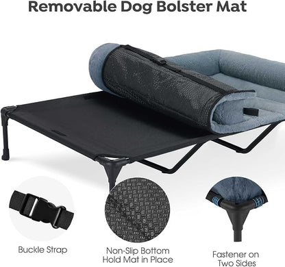 Veehoo Orthopedic Elevated Dog Bed with Fluffy Plush Bolster Cushion, Indoor Raised Dog Beds for Large Dogs, Soft Pet Sofa Cot with Removable Washable Mat, No-Slip Feet, 59 x 37 inches, Haze Blue