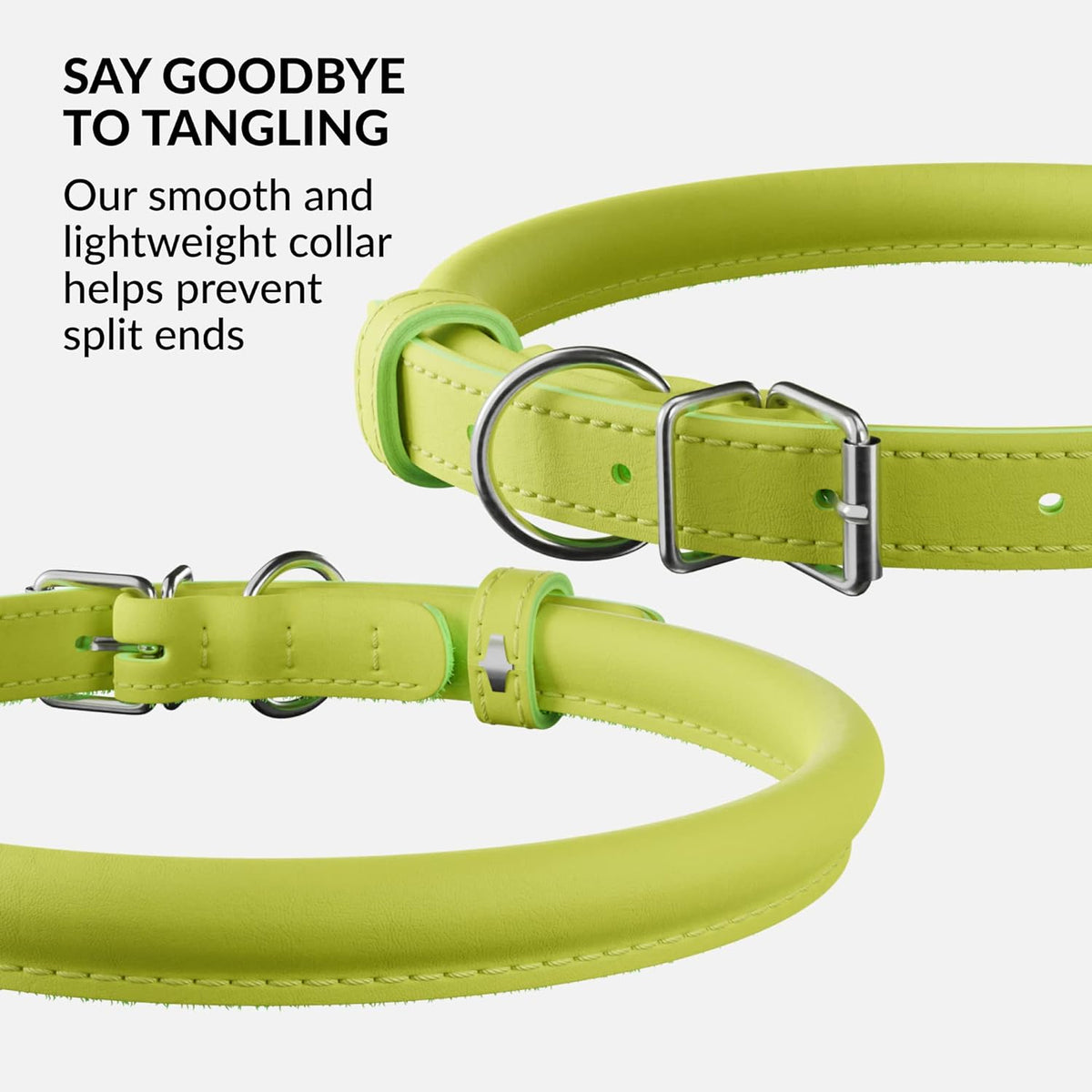 CollarDirect Rolled Leather Dog Collar, Soft Padded Round Puppy Collar, Handmade Genuine Leather Collar Dog Small Large Cat Collars 13 Colors (13-16 Inch, Lime Green Smooth)