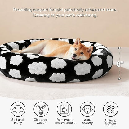 JOEJOY Jacquard Donut Round Dog Beds Medium Sized Dog,Black 30x30x8in, Removable Washable Cover, Cute Pattern, Ultra Soft Fluffy Calming Pet Bed with Thick Supportive Bolster