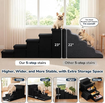 5-Step Wide Dog Stairs with Storage 23" H, Non-Slip Sturdy Pet Steps for High Bed Couch Window, Pet Stairs for Small/Medium/Large Old Dogs Cats Up to 260lbs, Cat Dog Steps for Car/SUV, Black