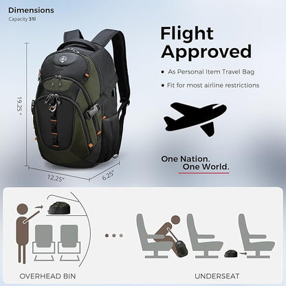 Swissdigital Design Laptop Backpack with USB Charging Port, Travel Backpack Fits 15.6 inches Computer, 31L College School Backpack for Men, Olive/Black | SD803-26