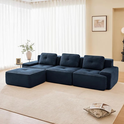 115" Modern Corduroy Cloud Sofa with Ottoman, L Shaped Boneless Modular Large Sectional Couches for Living Room, Blue 3 Seater Compressed Memory Foam Couch, Extra Deep Seat, No Assembly