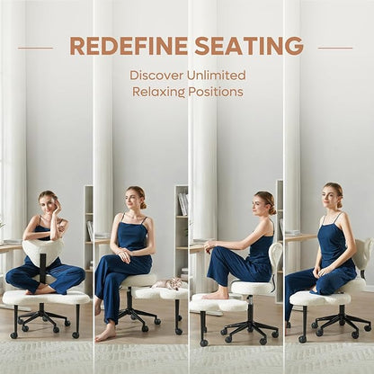 Nost & Host Cross Legged Office Chair with Wheels, 4INCH ADHD Chair for Adults, Meditation Chair, Height Adjustable Seat, Yoga Chair, Teddy Fabric, Off White