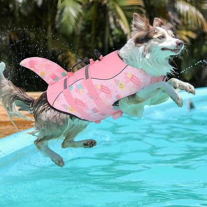 Dog Life Jacket High Flotation, Reflective, Adjustable Dog Life Preserver Rescue Handle, Spring Summer Pool for Small, Medium, Large Dogs (Pink Ice Cream, L)