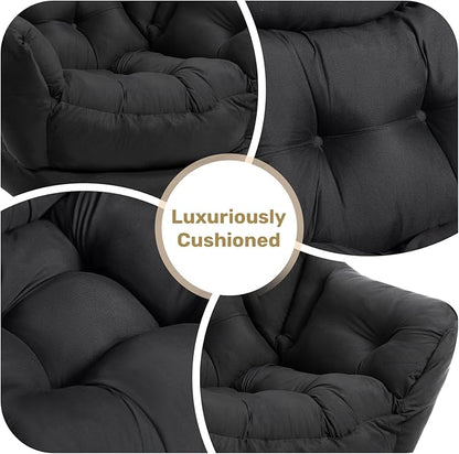 HollyHOME Lazy Chair with Foldable Ottoman, Accent Comfy Lounge Armchair and Folding Footrest Stool, Leisure Sofa Reading Chair and Footstool for Living Room, Bedroom, Dorm,Peachskin Fabric Black