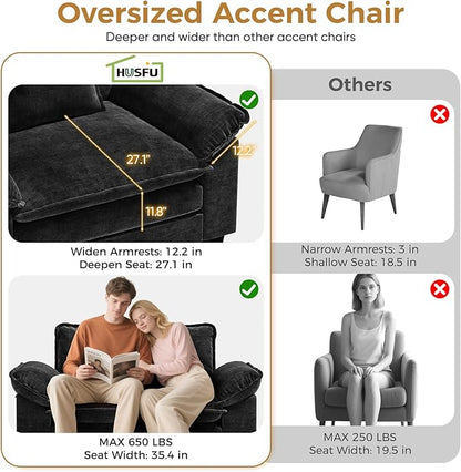 HUSFU Oversized Accent Chair, Chenille Cloud Sofa Chair with Deep Seat and Extra Wide Armrests, Comfy Reading Armchair for Living Room, Bedroom, Black, Set of 2