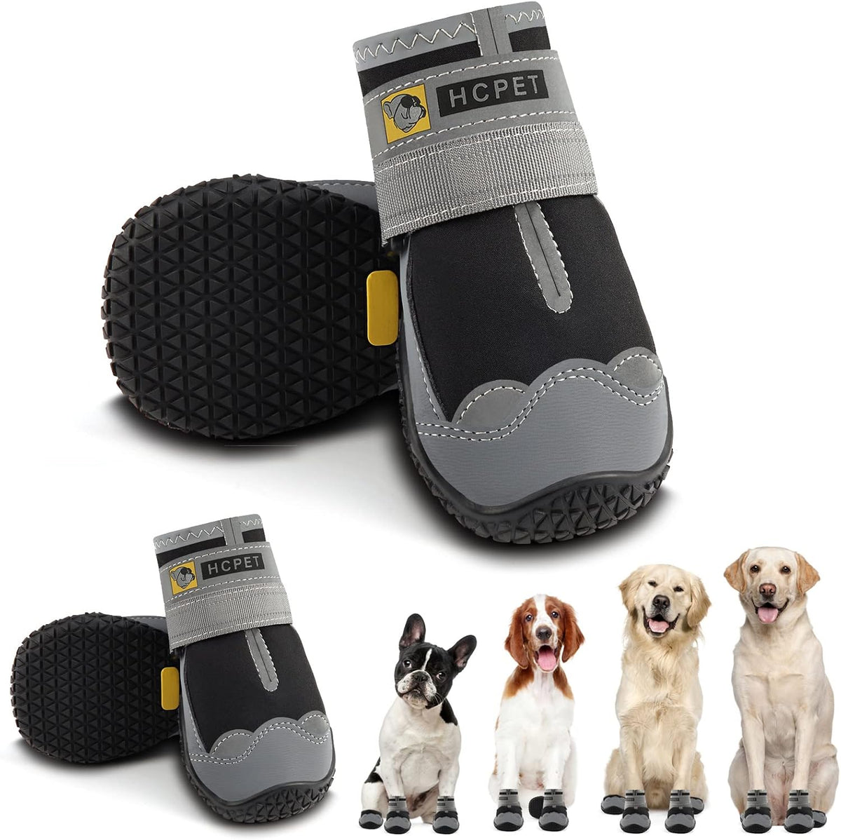 Hcpet Dog Shoes for Large Dogs, Waterproof Dog Booties for Small Medium Dogs, Anti-Slip Dog Boots & Paw Protectors for Hot Pavement Winter Snow Hiking with Reflective Straps Black Size 7