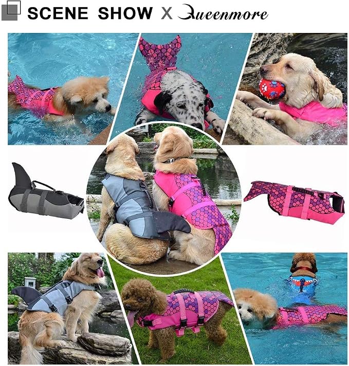 Dog Life Jacket Ripstop Shark Dog Safety Vest Adjustable Preserver with High Buoyancy and Durable Rescue Handle for Small,Medium,Large Dogs, Pink Fish Large