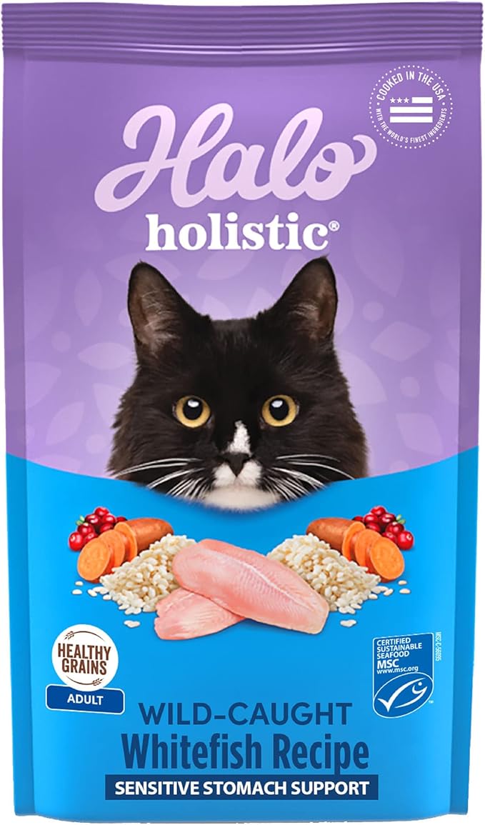 Halo Holistic Cat Food Wild Caught Salmon & Whitefish Formula, Healthy Grains Dry Cat Food, For Sensitive Stomach Support, Kibble for Adult Cats, 10 lb Bag