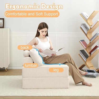 MeMoreCool Folding Sofa Bed – Convertible Sleeper Chair with Pillow, Beige, 31.5″ × 70.1″ Shredded Foam Lounge Chair for Living Room, Bedroom, Small Spaces | Headrest & Lumbar Support, Corded Fabric