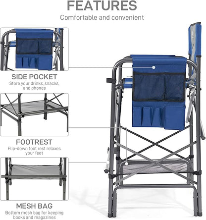 EVER ADVANCED Tall Folding Chair 30.7" Seat Height Directors Chair High Foldable Bar Stool for Makeup Artist Face Painting with Side Table Cup Holder and Storage Pocket Supports 350LBS (Blue/Grey)