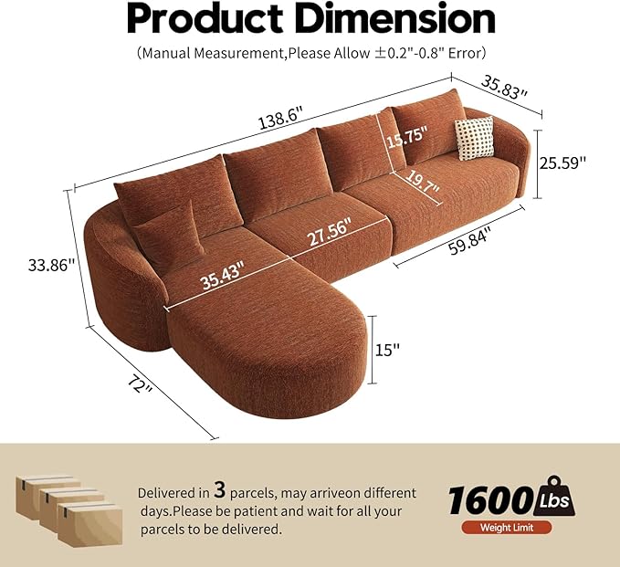 138.6" Modular Sectional Couches Luxury Modern Curved Back Sofa,Minimalist Comfy L-Shape Boneless Cloud Couch for Living Room Apartment,(Left Facing Chaise,Orange)