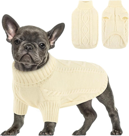 Queenmore Small Dog Pullover Sweater, Cold Weather Cable Knitwear, Classic Turtleneck Thick Warm Clothes for Chihuahua, Bulldog, Dachshund, Pug (White, X-Large)