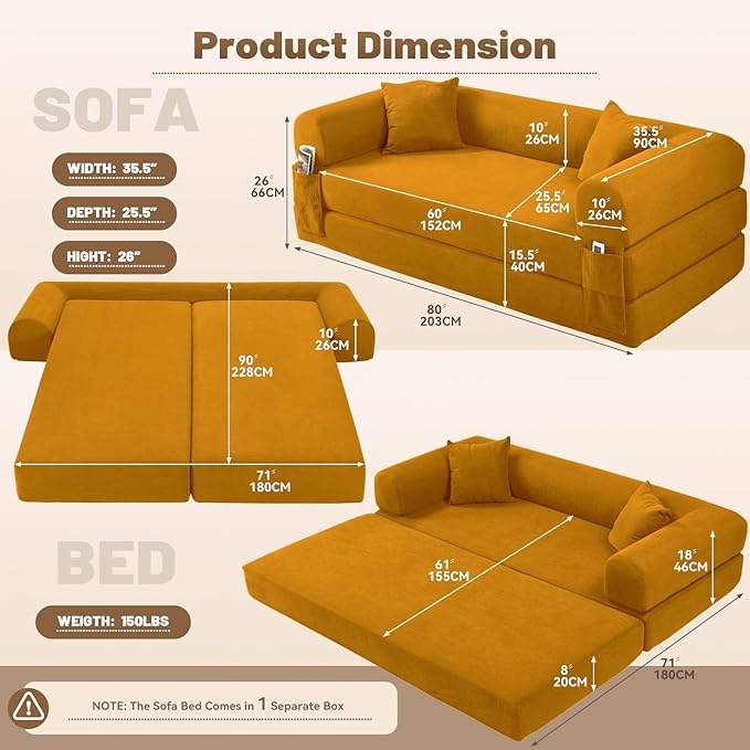 Convertible Futon Sofa Bed,80" Folding Pull Out Couch with Pillows & Storage Pocket, Oversized Queen Sleeper Sofa in a Box,Corduroy Boneless Couch for Living Room,Yellow
