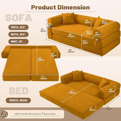Convertible Futon Sofa Bed,80" Folding Pull Out Couch with Pillows & Storage Pocket, Oversized Queen Sleeper Sofa in a Box,Corduroy Boneless Couch for Living Room,Yellow
