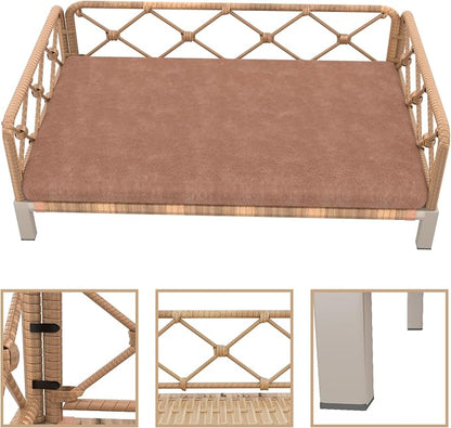 Outdoor Dog Bed, Elevated Dog Couch with Removable Cushion, Waterproof Rattan Wicker Orthopedic Indoor Raised Pet Sofa for Dogs, Cats, Pets (Brown)