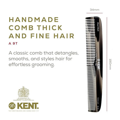 Kent 9T Black Graphite Fine Tooth and Wide Tooth Comb Detangler Hair Combs - Large Handmade and Saw-Cut Dressing Combs - Wet Hair Comb for Women and Durable Grooming for Men Made in England