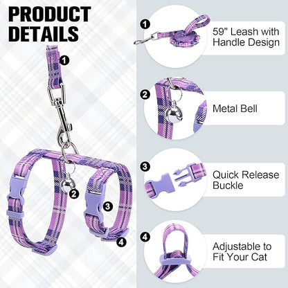 BEAUTYZOO Cat Harness and Leash Set Escape Proof for Walking, Kitten Soft Adjustable Vest Harnesses for Small Medium Large Cats, Easy Control Breathable Plaid Ribbon Nylon for Outdoor Indoor Use