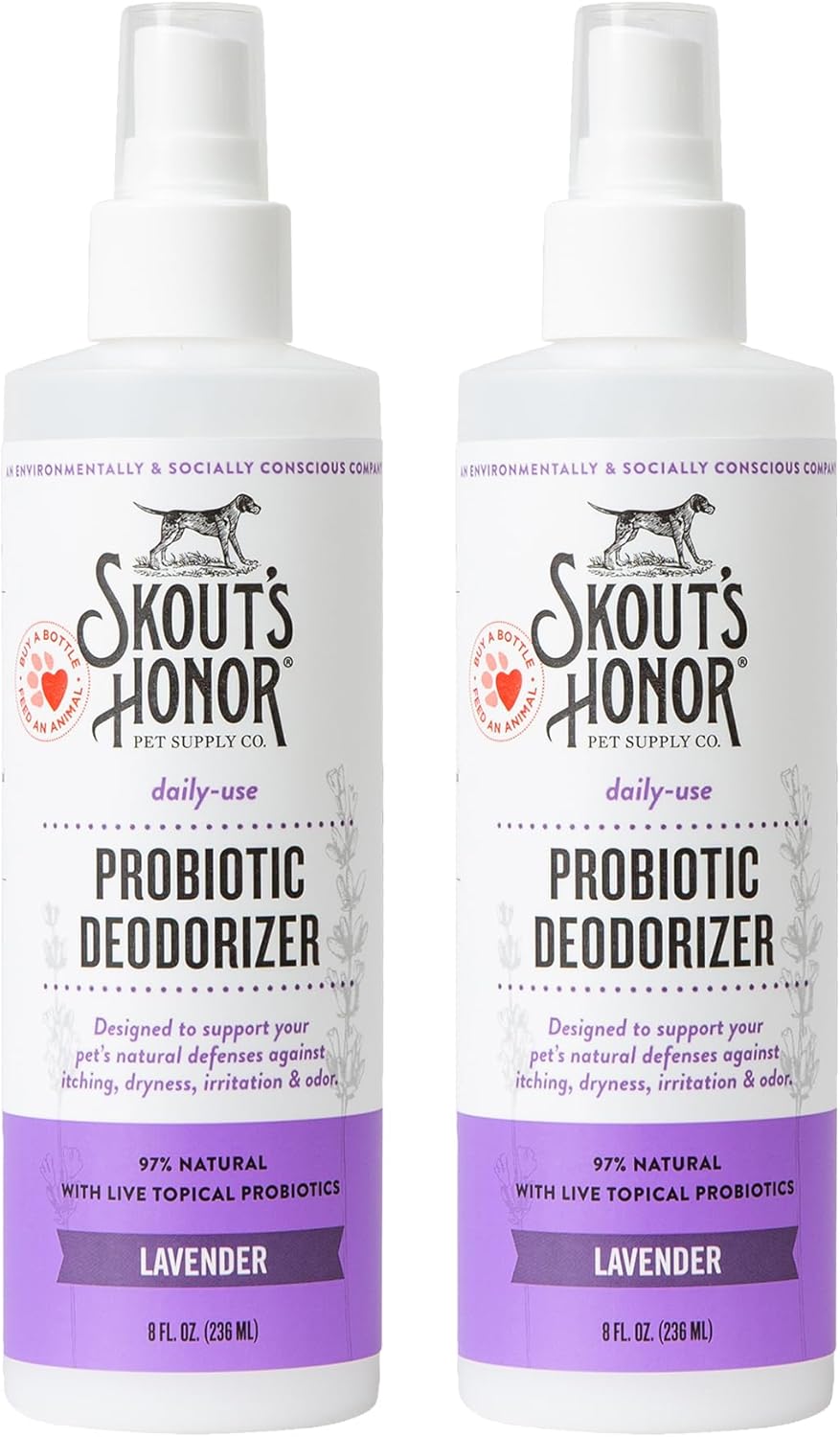 SKOUT'S HONOR Pet Probiotic Deodorizer Spray- Hydrating Daily-Use with Avocado Oil & Omega-3s, Microbiome Friendly Certified, Paraben & Sulfate-Free, 97% Natural, 8oz, Lavender, 2-Pack