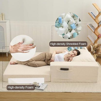 COMAX Convertible Sofa Bed Queen, Folding Fold Out Couch Bed, Floor Futon Couch Corduroy Sleeper Mattress with Back Pillows, Boneless Sofa Comfy Lounge Loveseat for Living Room Bedroom, Beige