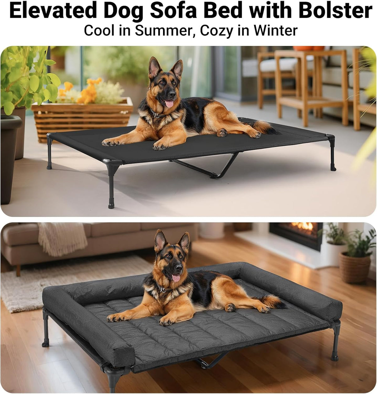 Veehoo Cooling Elevated Dog Bed Add Removable Waterproof Bolster Cushion Mat, Raised Pet Cot with Breathable Teslin Mesh, No-Slip Feet, Dog Couch Bed for Indoor Outdoor, 53 inches, Black