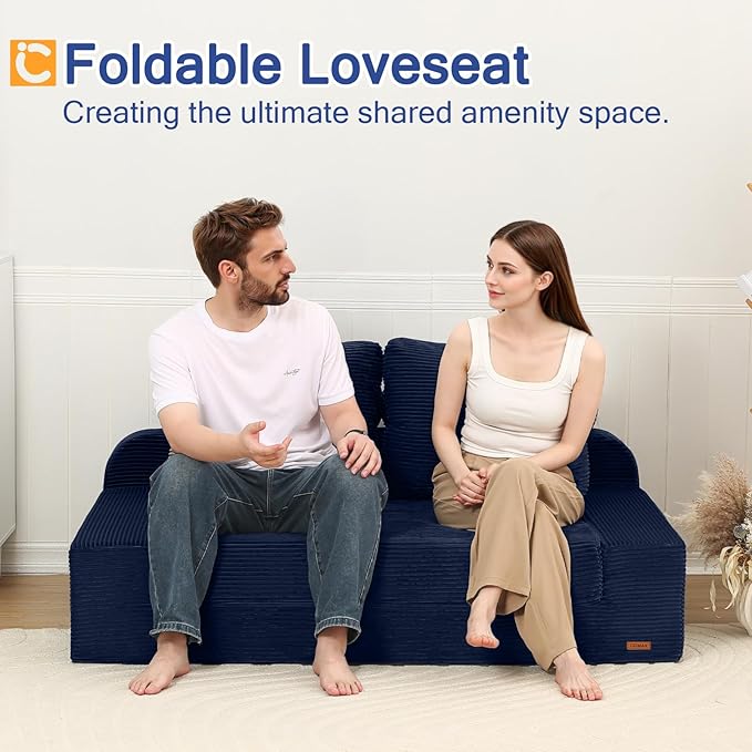 COMAX Convertible Sofa Bed Queen, Folding Floor Couch Corduroy Fold Out Couch Bed Sleeper Mattress with Back Pillows, Boneless Pull Out Loveseat Comfy Futon Lounge for Living Room Bedroom, Navy Blue