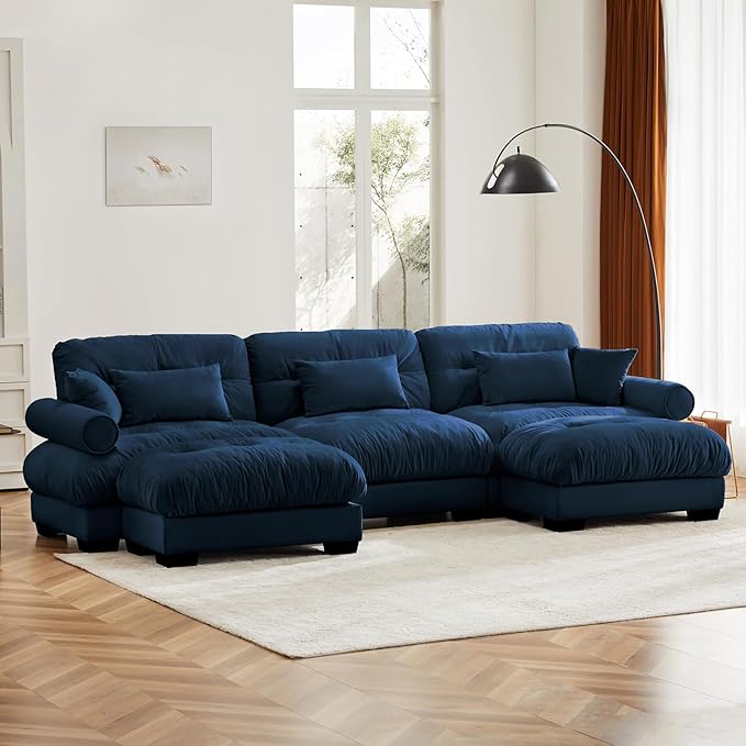 130" Oversized 3 Seater Modular Sectional Sofa, Blue Large U Shaped Couch for Living Room, Fluffy Velvet Cloud Set With Ottoman