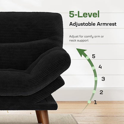 Marsail Futon Sofa Bed, 66” Futon Couch with Adjustable Backrest & Armrests, Convertible Small Sleeper Sofa Bed for Small Apartments, Study Room, Office, Corduroy Loveseat, Black