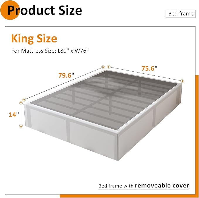 14 Inch King Size Bed Frame with White Fabric Cover, Heavy Duty King Platform Bed Frame Support Up to 3000 lbs, No Box Spring Needed, Easy Assembly, Noise Free, Black