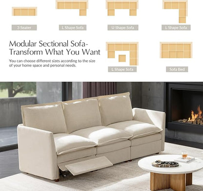 HULALA HOME 98'' Power Recliner Sofa with Dual-Layered Cushions, Oversized Modular Sectional Sofa with Storage Ottoman, Modern 3 Seater Cloud Couch for Living Room, Beige