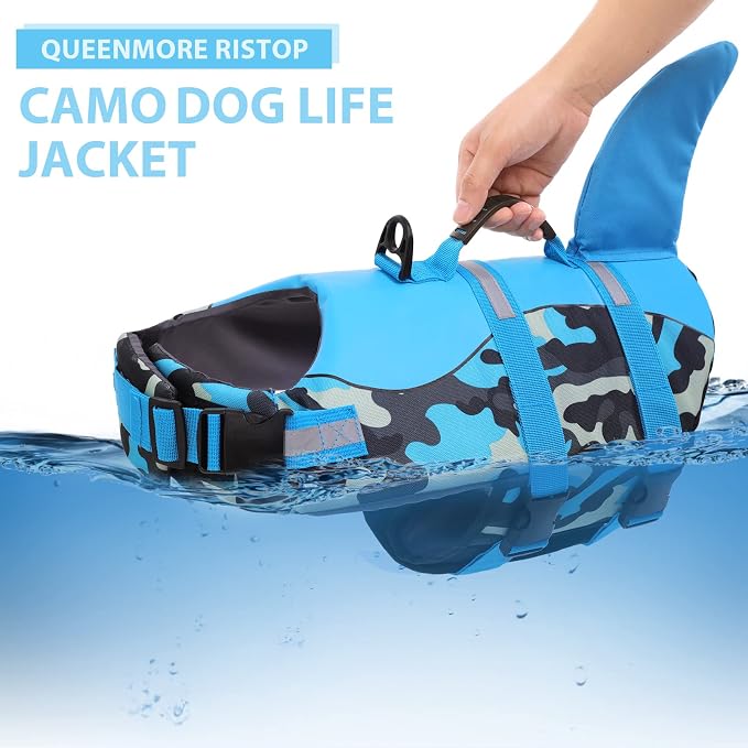 Dog Life Jacket Ripstop Dog Shark Safety Vest Adjustable Preserver with High Buoyancy and Durable Rescue Handle for Small,Medium,Large Dogs, Blue Camouflage X-Small